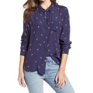 Rails Navy Cherry Print Button Up Rayon Viscose Lightweight Blouse - Size L